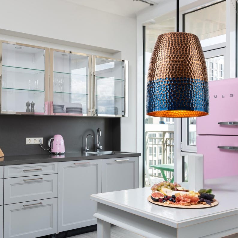 Handmade Moroccan Brass Tapered Pendant Light – Hammered Copper and Deep Blue Patina Hanging Lamp with Warm Gold Interior for Kitchen Island, Dining Room & Living Room
