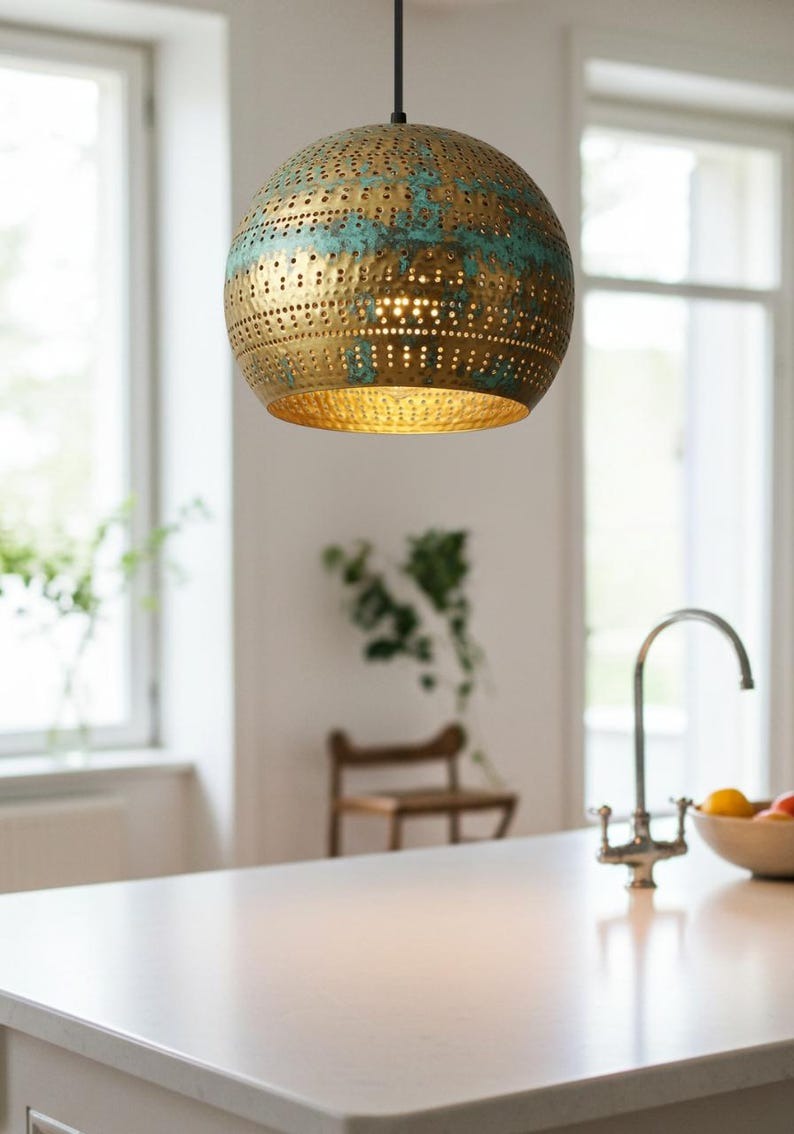 Pierced Brass Globe Pendant Light – Verdigris Gold Moroccan Kitchen Island Chandelier