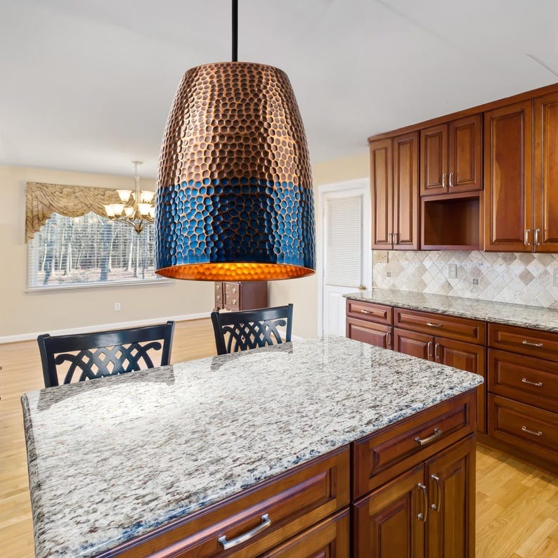 Handmade Moroccan Brass Tapered Pendant Light – Hammered Copper and Deep Blue Patina Hanging Lamp with Warm Gold Interior for Kitchen Island, Dining Room & Living Room