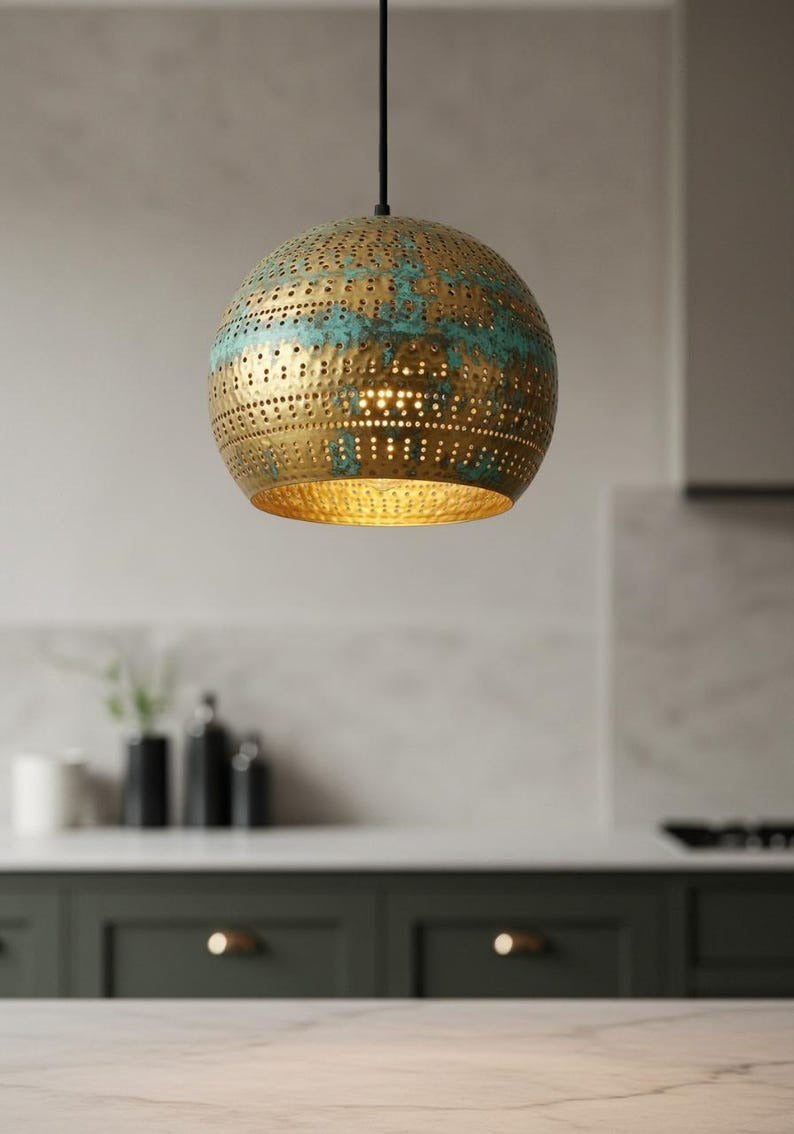 Pierced Brass Globe Pendant Light – Verdigris Gold Moroccan Kitchen Island Chandelier