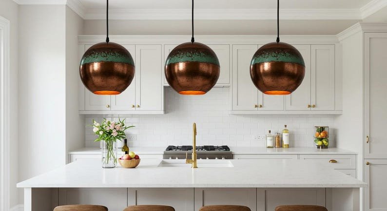 Copper Globe Pendant Light, Handmade Round Spherical Ceiling Lamp, Turquoise Patina Moroccan Kitchen Island Chandelier