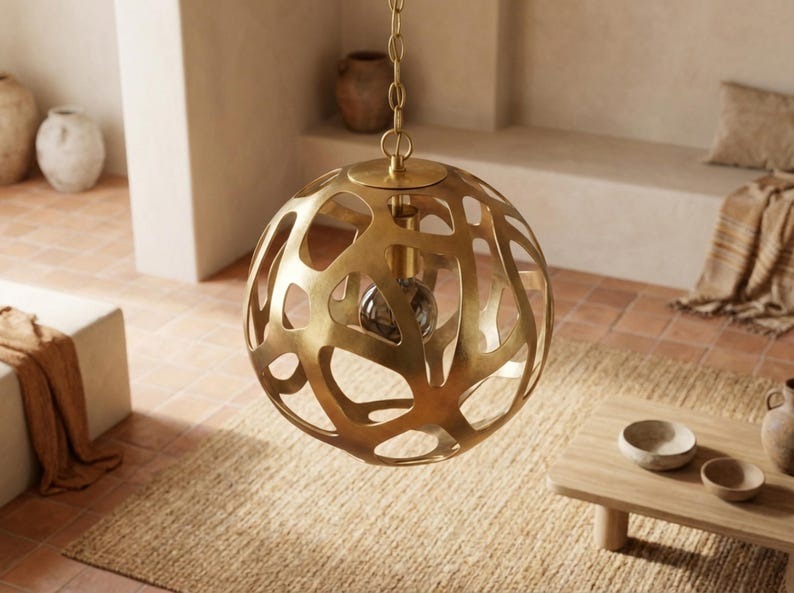 Sculptural Brass Globe Pendant Light – Organic Cutout Moroccan Chandelier with Shadow Pattern