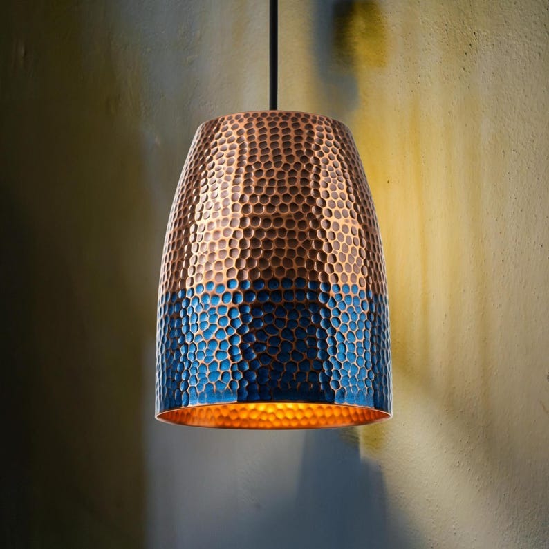 Handmade Moroccan Brass Tapered Pendant Light – Hammered Copper and Deep Blue Patina Hanging Lamp with Warm Gold Interior for Kitchen Island, Dining Room & Living Room