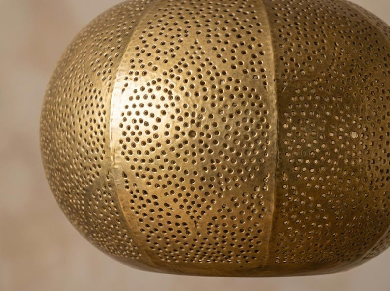 Moroccan Pierced Brass Globe Pendant Light – Filigree Hallway Chandelier with Geometric Shadow Pattern