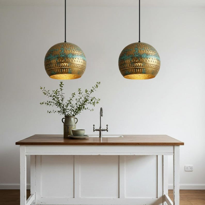 Pierced Brass Globe Pendant Light – Verdigris Gold Moroccan Kitchen Island Chandelier
