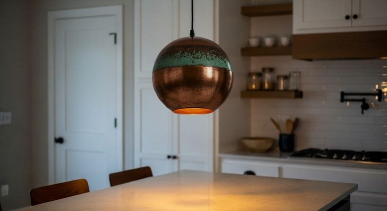 Copper Globe Pendant Light, Handmade Round Spherical Ceiling Lamp, Turquoise Patina Moroccan Kitchen Island Chandelier