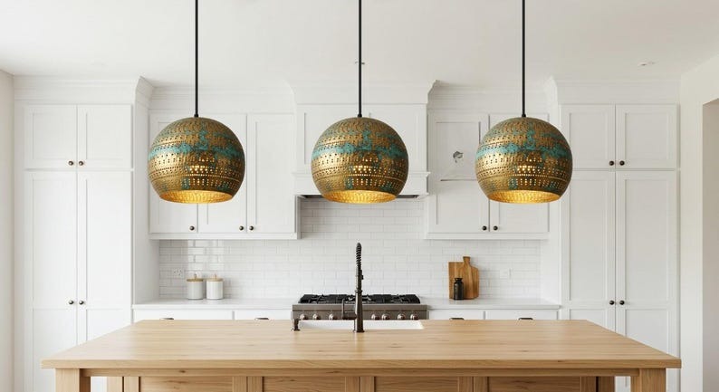Pierced Brass Globe Pendant Light – Verdigris Gold Moroccan Kitchen Island Chandelier