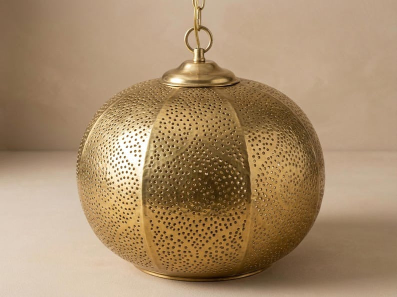Moroccan Pierced Brass Globe Pendant Light – Filigree Hallway Chandelier with Geometric Shadow Pattern