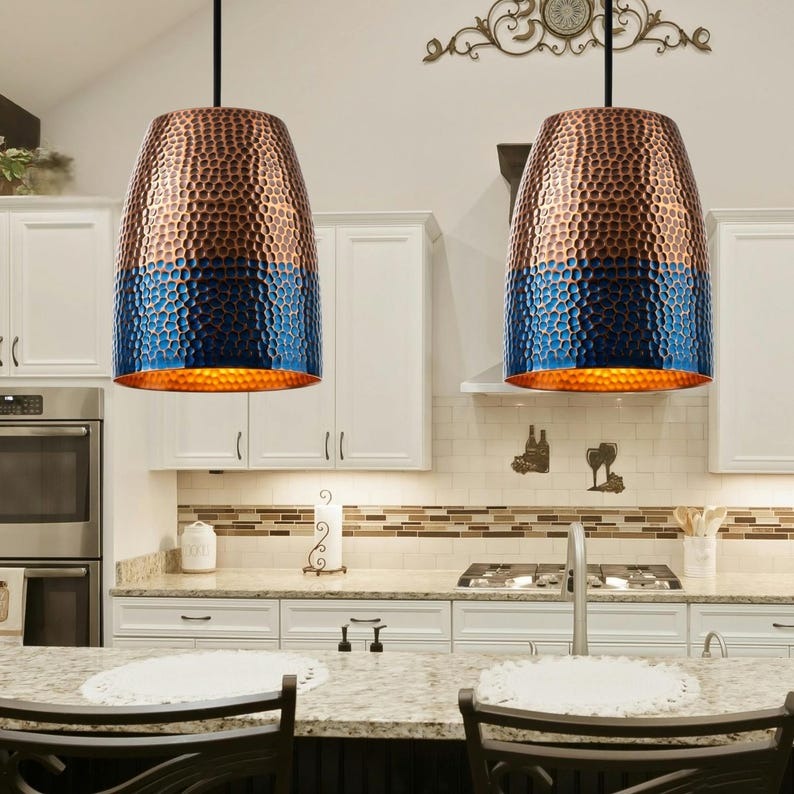 Handmade Moroccan Brass Tapered Pendant Light – Hammered Copper and Deep Blue Patina Hanging Lamp with Warm Gold Interior for Kitchen Island, Dining Room & Living Room