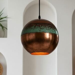 Copper Globe Pendant Light, Handmade Round Spherical Ceiling Lamp, Turquoise Patina Moroccan Kitchen Island Chandelier