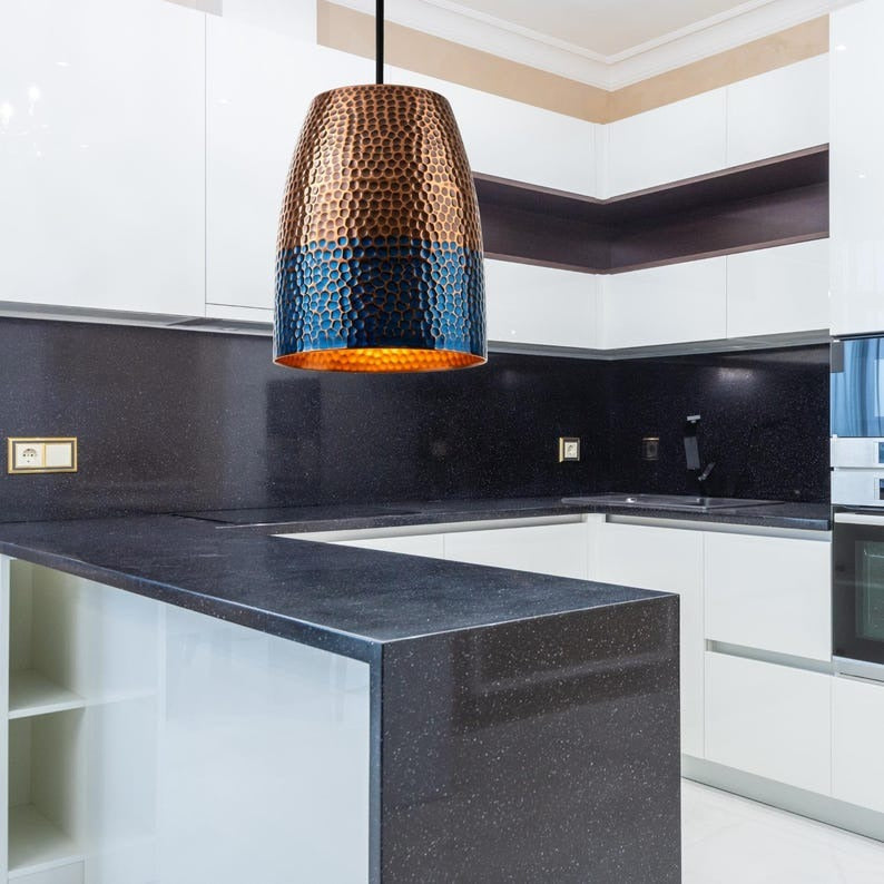Handmade Moroccan Brass Tapered Pendant Light – Hammered Copper and Deep Blue Patina Hanging Lamp with Warm Gold Interior for Kitchen Island, Dining Room & Living Room