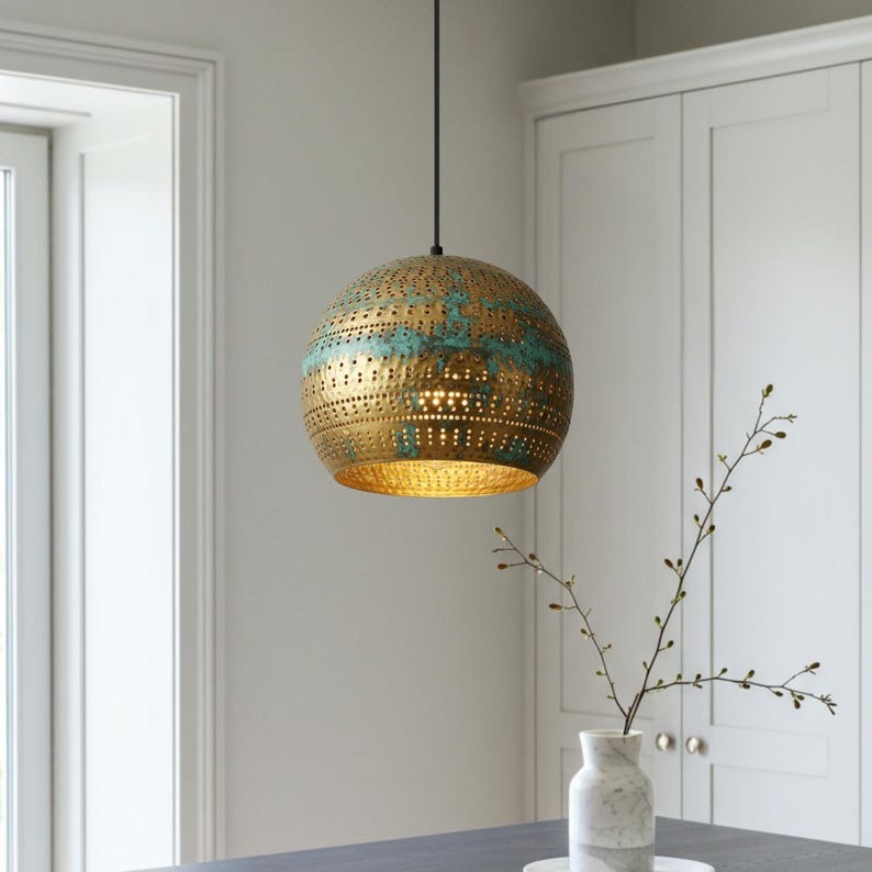 Pierced Brass Globe Pendant Light – Verdigris Gold Moroccan Kitchen Island Chandelier