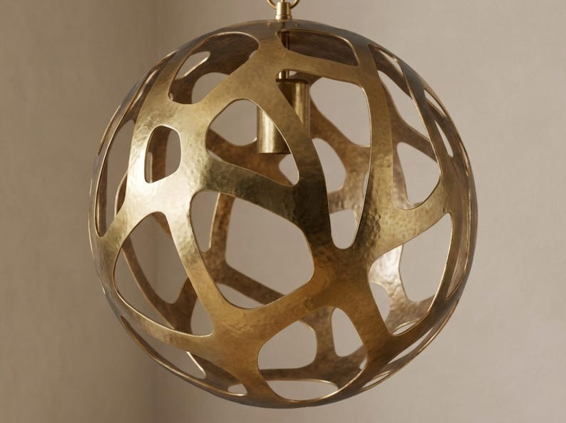 Sculptural Brass Globe Pendant Light – Organic Cutout Moroccan Chandelier with Shadow Pattern