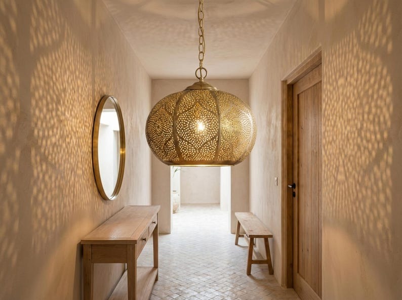 Moroccan Pierced Brass Globe Pendant Light – Filigree Hallway Chandelier with Geometric Shadow Pattern