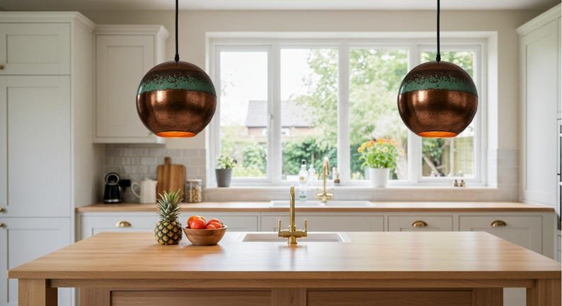 Copper Globe Pendant Light, Handmade Round Spherical Ceiling Lamp, Turquoise Patina Moroccan Kitchen Island Chandelier