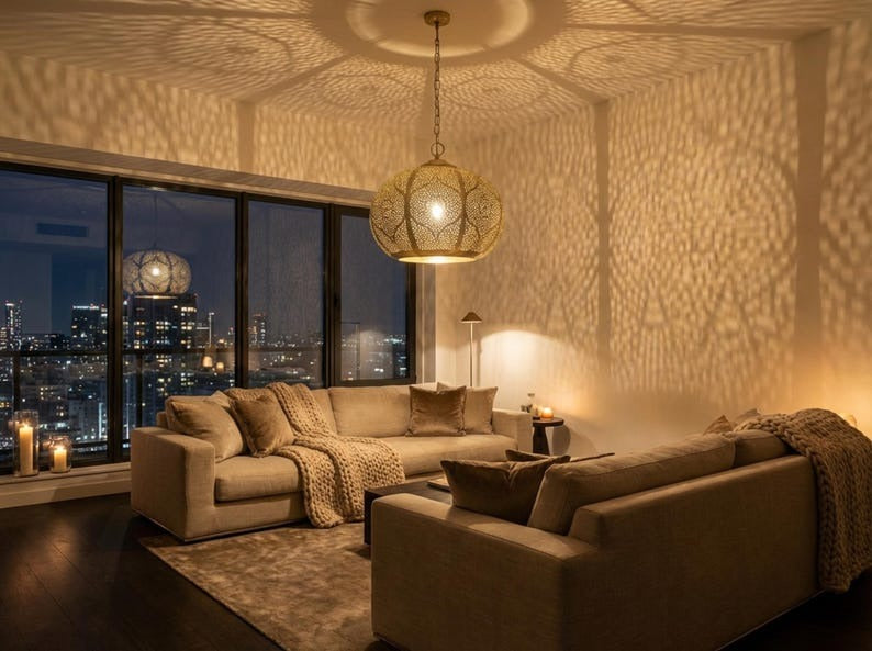 Moroccan Pierced Brass Globe Pendant Light – Filigree Hallway Chandelier with Geometric Shadow Pattern