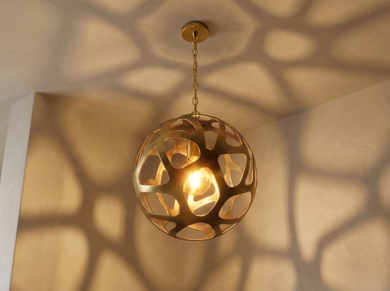 Sculptural Brass Globe Pendant Light – Organic Cutout Moroccan Chandelier with Shadow Pattern