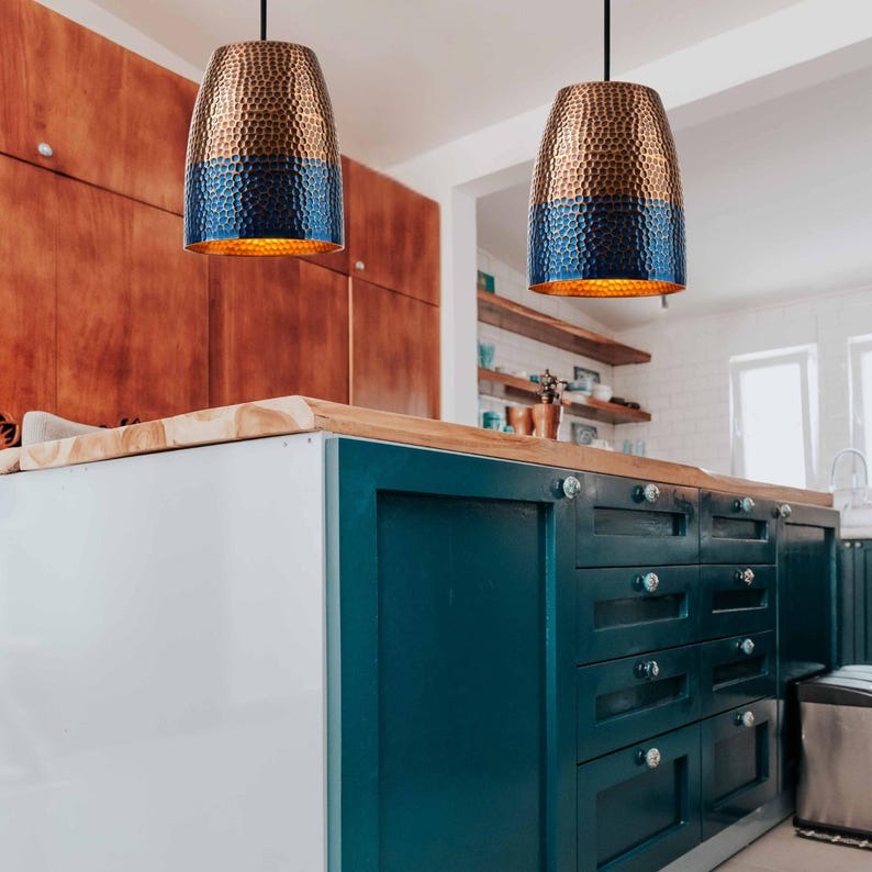 Handmade Moroccan Brass Tapered Pendant Light – Hammered Copper and Deep Blue Patina Hanging Lamp with Warm Gold Interior for Kitchen Island, Dining Room & Living Room