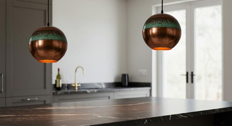 Copper Globe Pendant Light, Handmade Round Spherical Ceiling Lamp, Turquoise Patina Moroccan Kitchen Island Chandelier