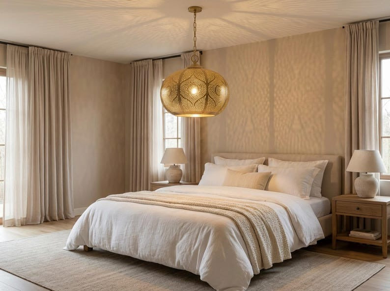 Moroccan Pierced Brass Globe Pendant Light – Filigree Hallway Chandelier with Geometric Shadow Pattern