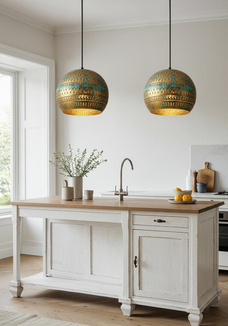 Pierced Brass Globe Pendant Light – Verdigris Gold Moroccan Kitchen Island Chandelier