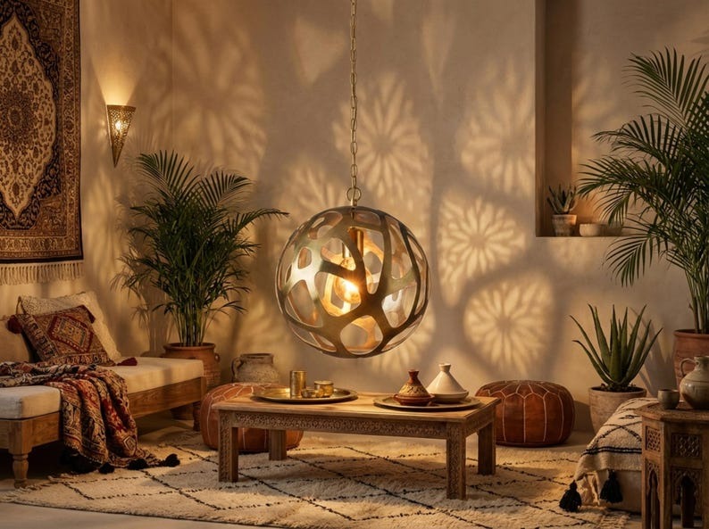 Sculptural Brass Globe Pendant Light – Organic Cutout Moroccan Chandelier with Shadow Pattern