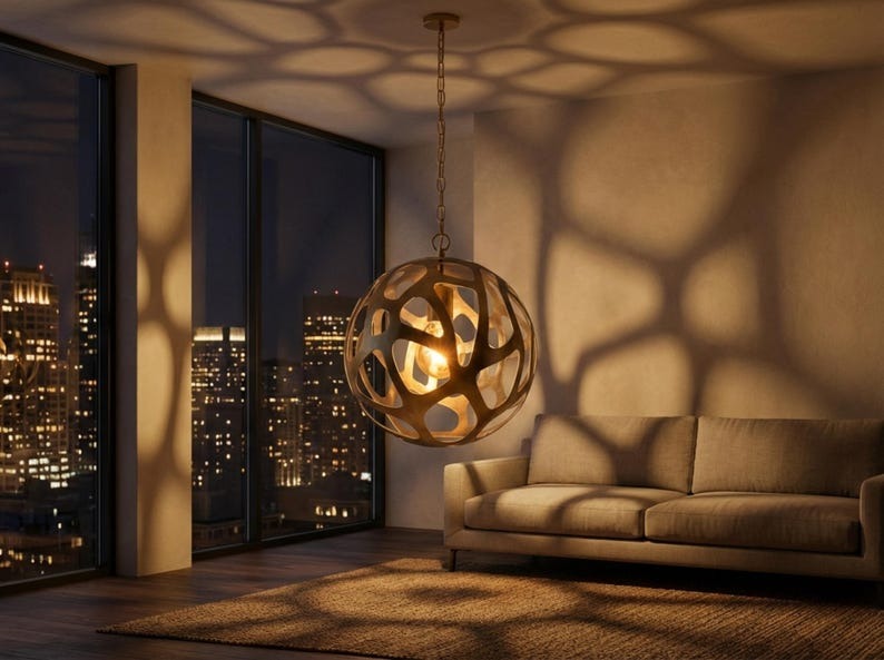 Sculptural Brass Globe Pendant Light – Organic Cutout Moroccan Chandelier with Shadow Pattern