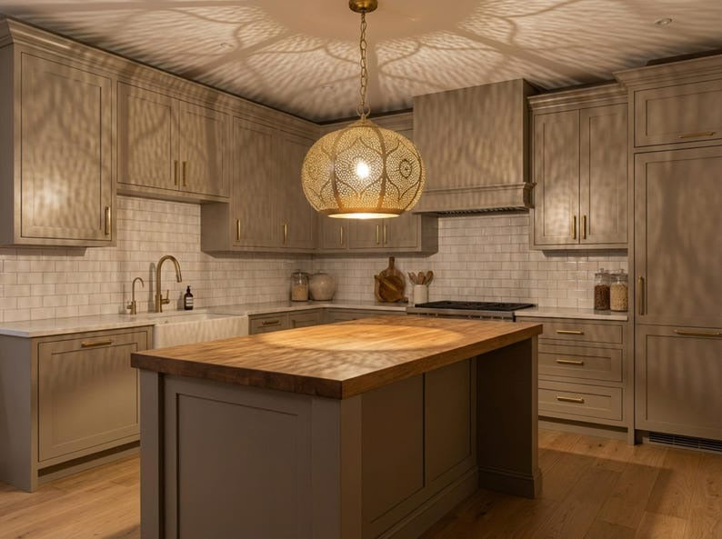 Moroccan Pierced Brass Globe Pendant Light – Filigree Hallway Chandelier with Geometric Shadow Pattern