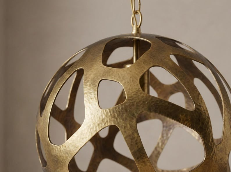 Sculptural Brass Globe Pendant Light – Organic Cutout Moroccan Chandelier with Shadow Pattern