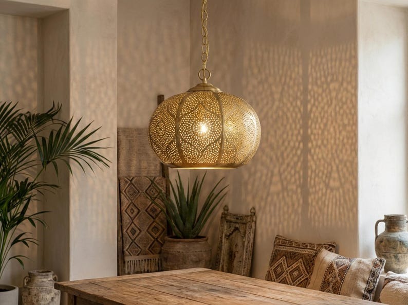 Moroccan Pierced Brass Globe Pendant Light – Filigree Hallway Chandelier with Geometric Shadow Pattern