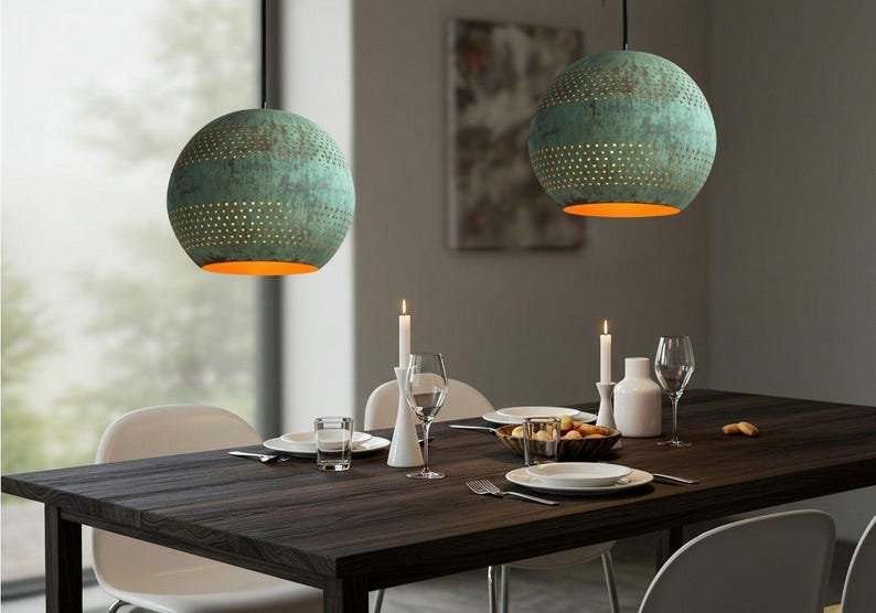 Green Patina Copper Globe Pendant Light, Handmade Moroccan Perforated Copper Chandelier, Verdigris Kitchen Island Hanging Lamp, Rustic Boho Farmhouse Ceiling Light Fixture