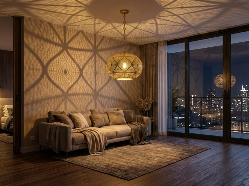 Large Moroccan Pierced Brass Globe Pendant Light – Geometric Filigree Chandelier with Dramatic Shadow Pattern