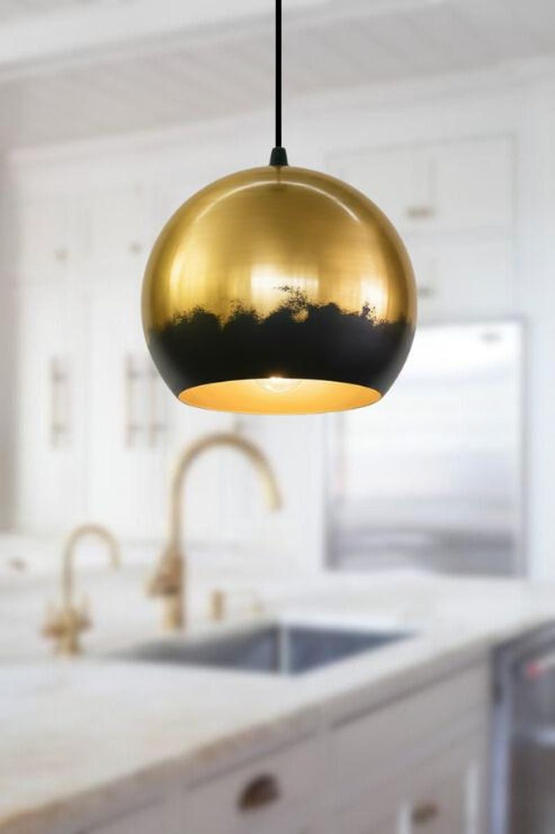 Handmade Brass Pendant Light – Moroccan Gold Globe Pendant Lamp with Black Patina Edge for Kitchen Island, Dining Room & Boho Home Décor