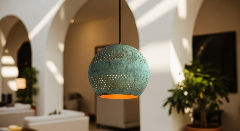 Green Patina Copper Globe Pendant Light, Handmade Moroccan Perforated Copper Chandelier, Verdigris Kitchen Island Hanging Lamp, Rustic Boho Farmhouse Ceiling Light Fixture