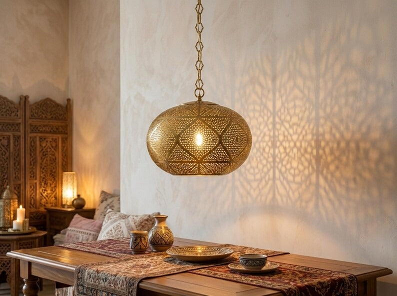 Large Moroccan Pierced Brass Globe Pendant Light – Geometric Filigree Chandelier with Dramatic Shadow Pattern