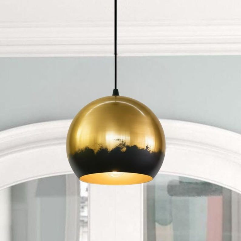 Handmade Brass Pendant Light – Moroccan Gold Globe Pendant Lamp with Black Patina Edge for Kitchen Island, Dining Room & Boho Home Décor