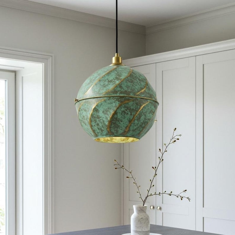 Verdigris Brass Globe Pendant Light – Spiral Gold Accent Kitchen Island Chandelier with Green Patina