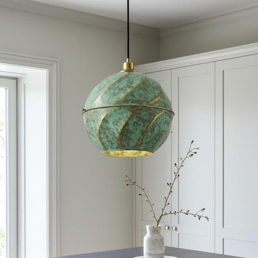 Verdigris Brass Globe Pendant Light – Spiral Gold Accent Kitchen Island Chandelier with Green Patina