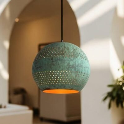 Green Patina Copper Globe Pendant Light, Handmade Moroccan Perforated Copper Chandelier, Verdigris Kitchen Island Hanging Lamp, Rustic Boho Farmhouse Ceiling Light Fixture