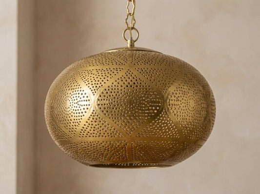 Large Moroccan Pierced Brass Globe Pendant Light – Geometric Filigree Chandelier with Dramatic Shadow Pattern