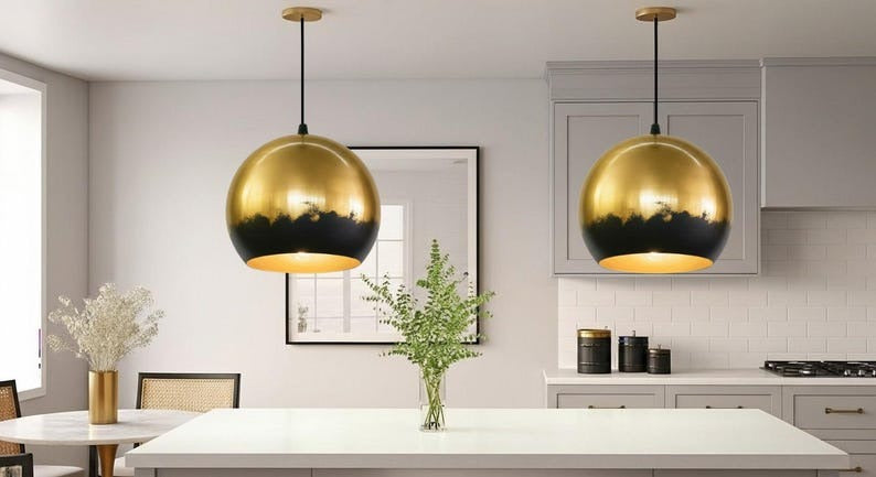 Handmade Brass Pendant Light – Moroccan Gold Globe Pendant Lamp with Black Patina Edge for Kitchen Island, Dining Room & Boho Home Décor