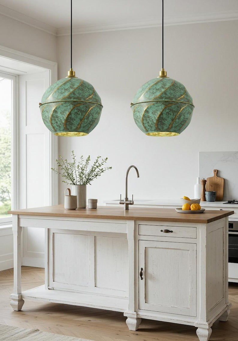 Verdigris Brass Globe Pendant Light – Spiral Gold Accent Kitchen Island Chandelier with Green Patina