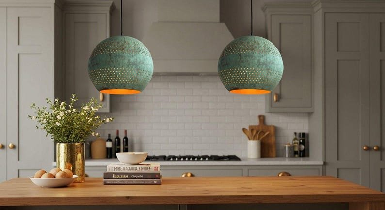 Green Patina Copper Globe Pendant Light, Handmade Moroccan Perforated Copper Chandelier, Verdigris Kitchen Island Hanging Lamp, Rustic Boho Farmhouse Ceiling Light Fixture