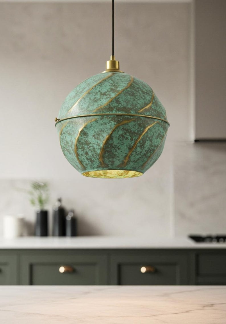 Verdigris Brass Globe Pendant Light – Spiral Gold Accent Kitchen Island Chandelier with Green Patina