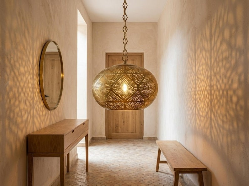 Large Moroccan Pierced Brass Globe Pendant Light – Geometric Filigree Chandelier with Dramatic Shadow Pattern