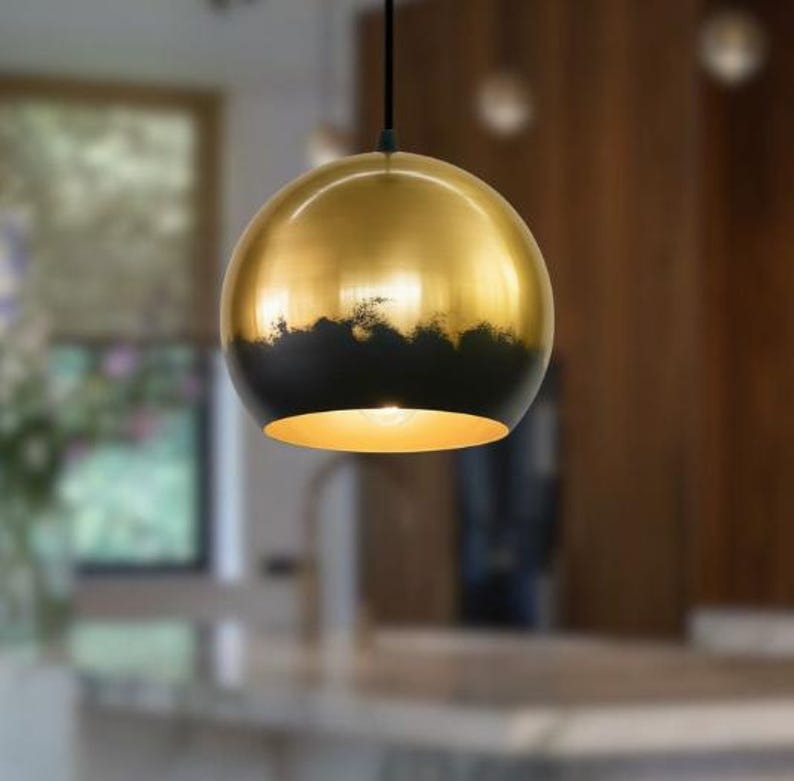 Handmade Brass Pendant Light – Moroccan Gold Globe Pendant Lamp with Black Patina Edge for Kitchen Island, Dining Room & Boho Home Décor