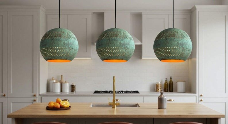 Green Patina Copper Globe Pendant Light, Handmade Moroccan Perforated Copper Chandelier, Verdigris Kitchen Island Hanging Lamp, Rustic Boho Farmhouse Ceiling Light Fixture