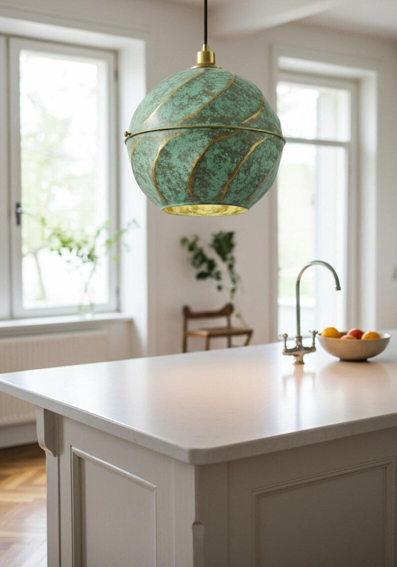 Verdigris Brass Globe Pendant Light – Spiral Gold Accent Kitchen Island Chandelier with Green Patina