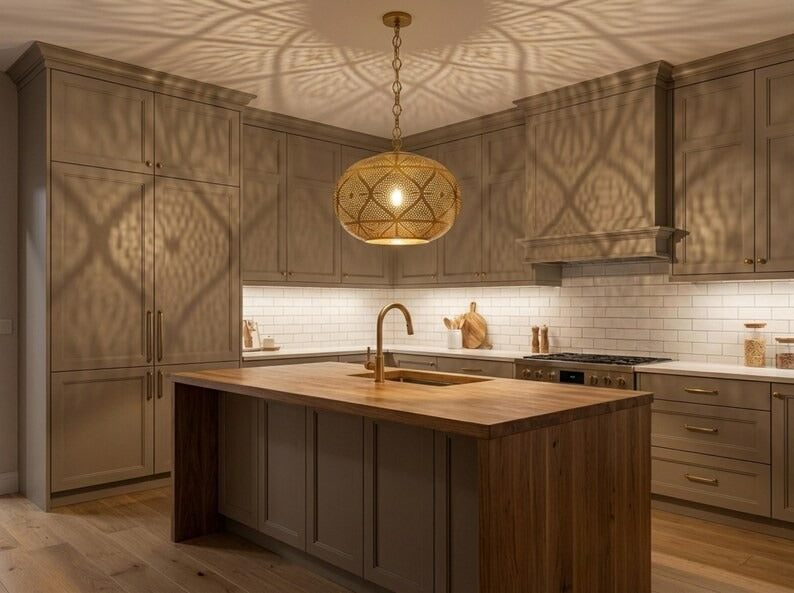 Large Moroccan Pierced Brass Globe Pendant Light – Geometric Filigree Chandelier with Dramatic Shadow Pattern