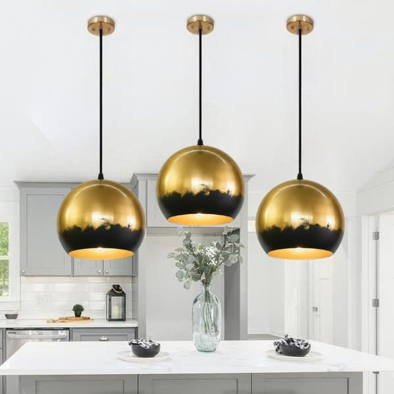 Handmade Brass Pendant Light – Moroccan Gold Globe Pendant Lamp with Black Patina Edge for Kitchen Island, Dining Room & Boho Home Décor